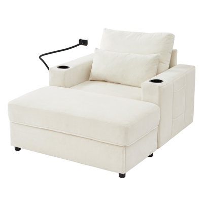 Modern 42.5" Multifunctional Chaise Lounge Armchair With Movable Storage Ottoman, USB Ports, Cup Holders, Phone Holder & Side Pockets by Ivy Bronx