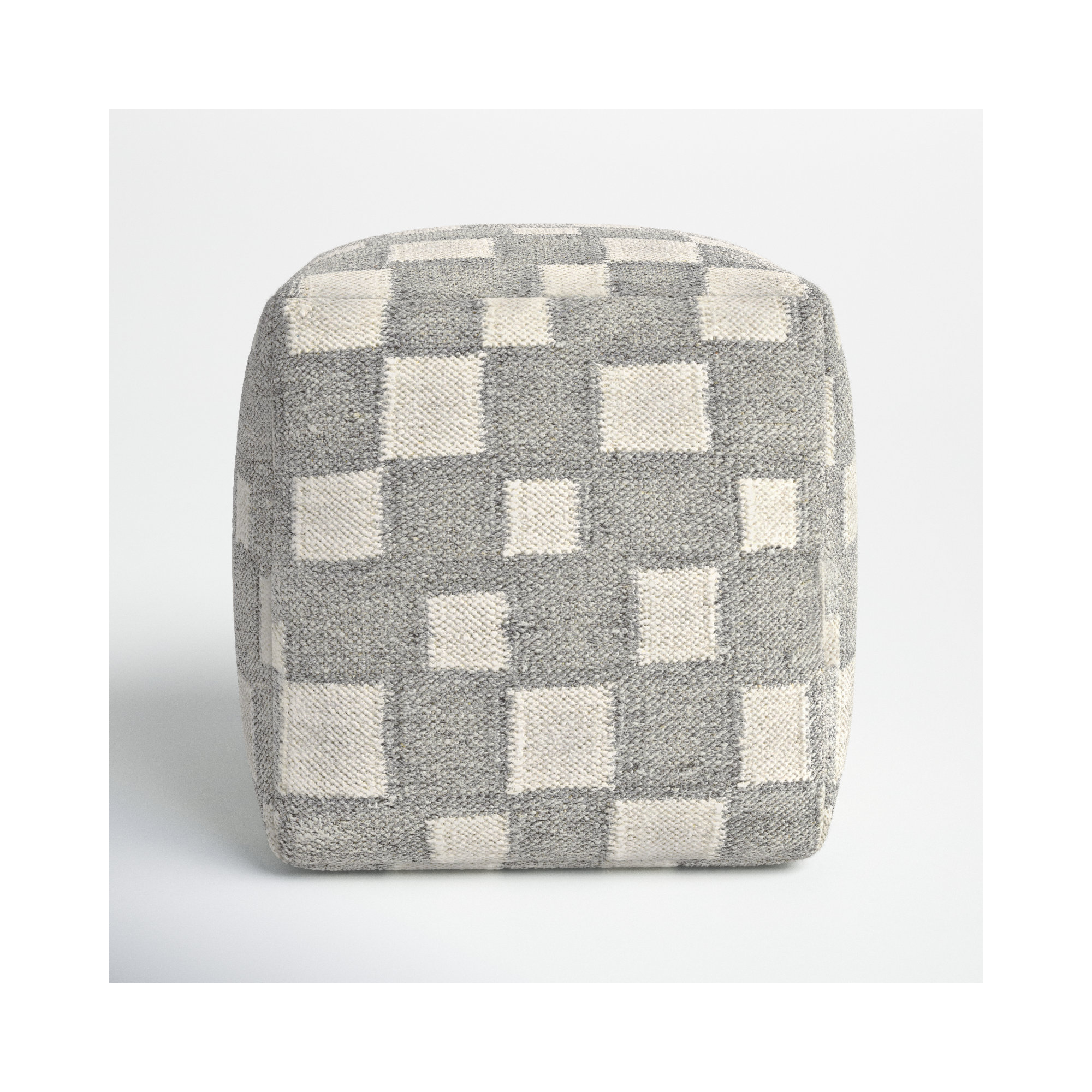 Gwennie Upholstered Pouf, Gray/White Wool/Cotton Blend