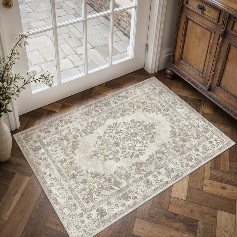 Tapis oriental lavable à la machine avec envers antidérapant Stella, Beige, Rectangulaire 2 pi x 3 pi