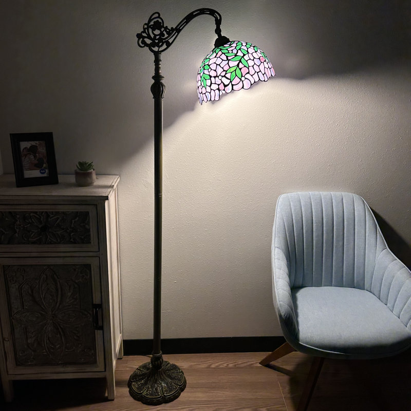 Pinerolo Tiffany Floor Lamp Stained Glass Green Leaves Gooseneck Adjustable LED Bulb Included 20"W*12"D*63"H, Blue/Green