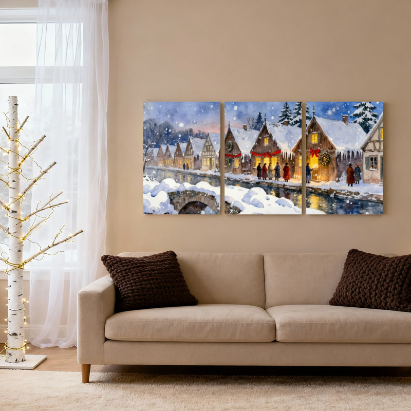 Ensemble de 3 tableaux sur toile représentant un village d'hiver sous la neige, H 24 po x l 48 po