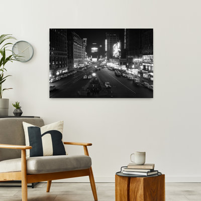 1930s OVERHEAD OF TIMES SQUARE LIT UP AT NIGHT WITH CARS LINING CURBS NYC NY USA 1 Piece Wrapped Canvas Wall Art