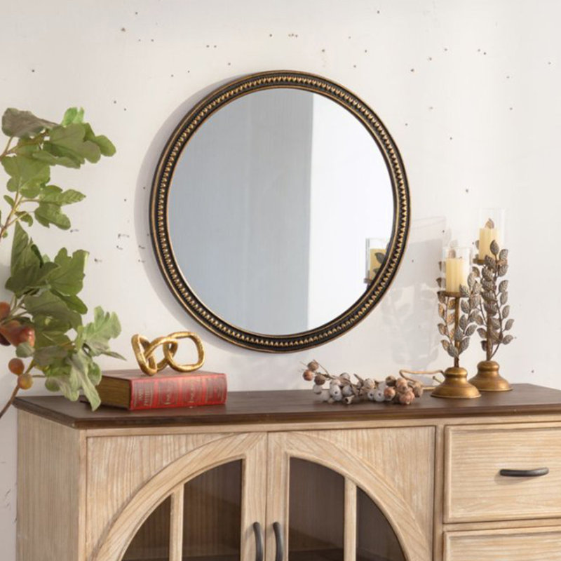 Miroir mural rond rond, cadre perlé doré rétro