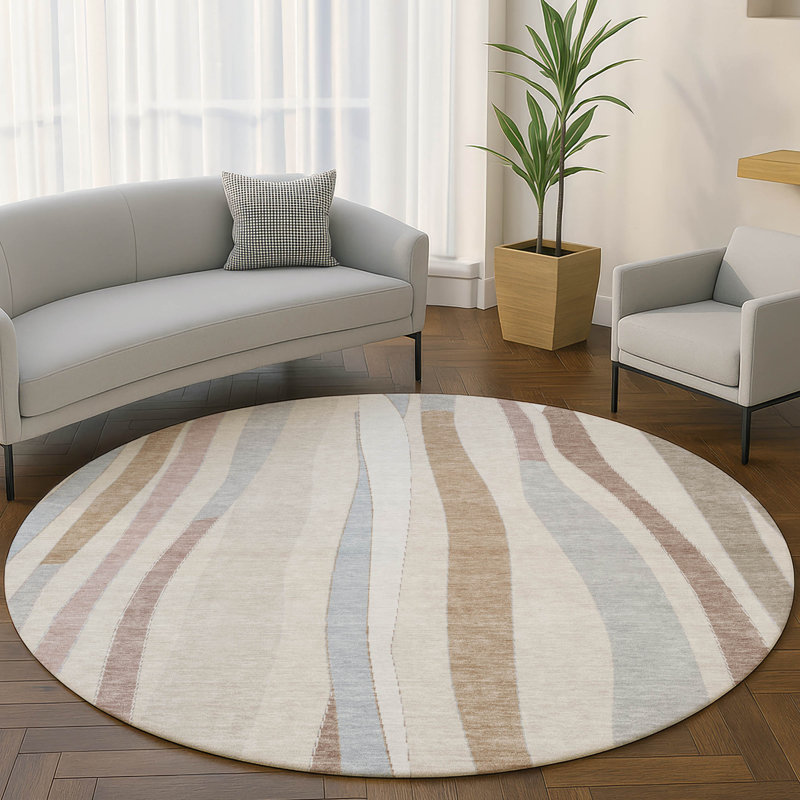 Premium Machine Washable Mayfield AMF2188 Striped Rug, Beige, 8' Round