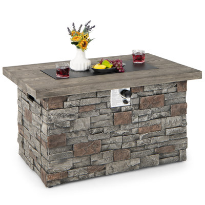 Foyer de table rectangulaire 43,5 po au gaz propane en fausse pierre avec pierre de lave et housse en PVC