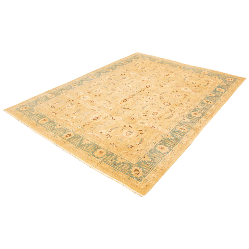 Tapis unique en laine noué à la main style kaki clair nouvel âge 10 pi x 13 pi 2 po Ushak