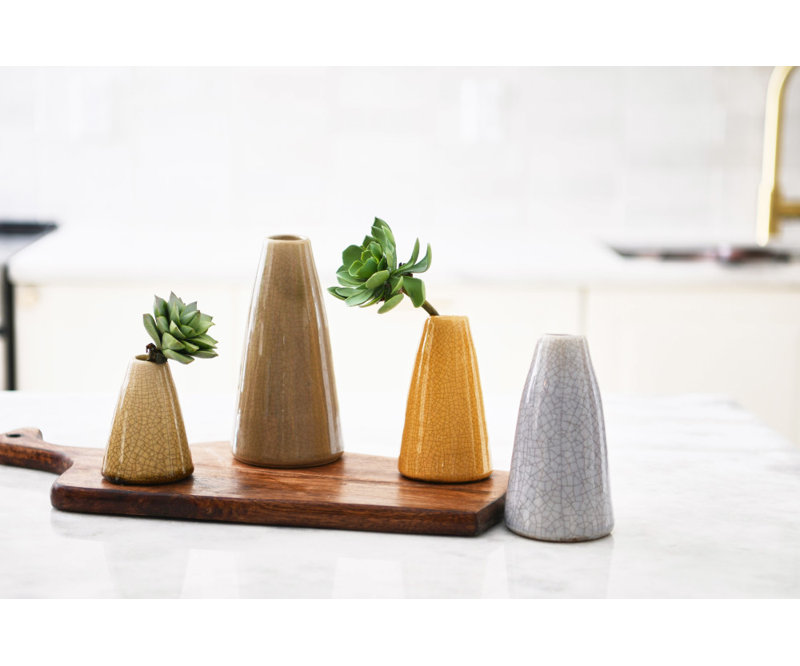 Conical Stoneware Bud Vases in Crackle Glaze, Light Brown/Gray/Taupe