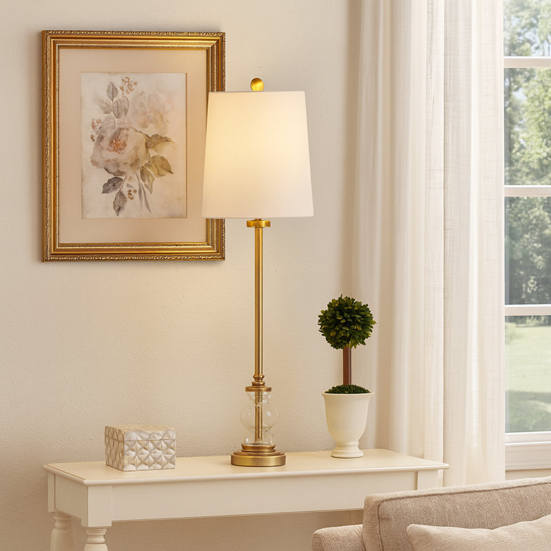 Yenni - Buffet Lamp Metal Clear Seeded Glass - Off-White Shade, Brass