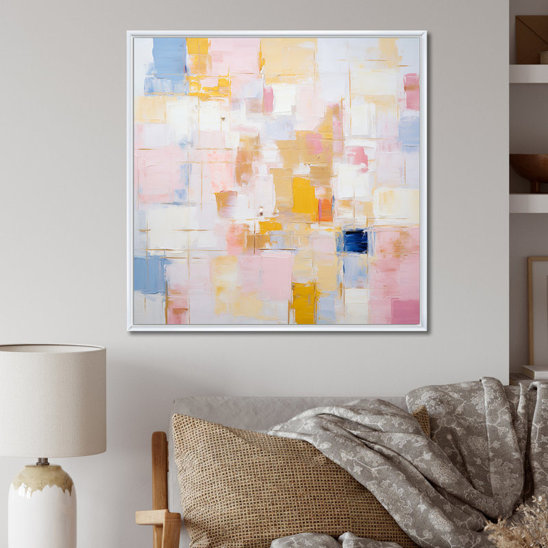 «Timeless Moments» en pastel rose jaune et bleu - peinture abstraite grand art mural, H 30 po x l 30 po x P 1 po