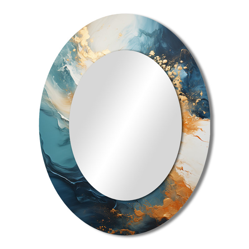 Modern Coastal Blue And Gold River - Teal Coastal Oval Wall Mirror, 43" x 33"