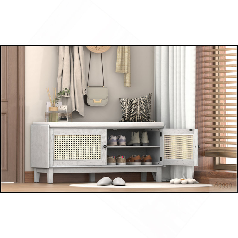 Banc de rangement en rotin avec rangement Boho, Beige, blanc