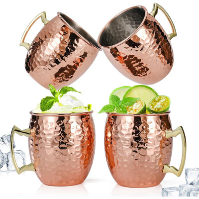 Ensemble de 4 tasses en cuivre martelé 16 oz avec doublure en acier inoxydable et poignées en laiton pour cocktails Moscow Mule
