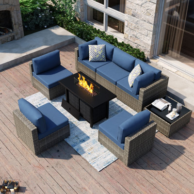 Emanie 6-Person Wicker Outdoor Seating Group with Cushions and Fire Pit