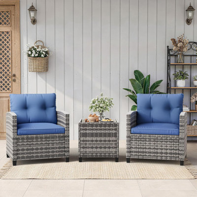 3 Pieces Patio Furniture Set, PE Rattan Patio Conversation Set with Tempered Glass Tabletop, Outdoor Wicker Chairs and Table Set for Patio Balcony Garden