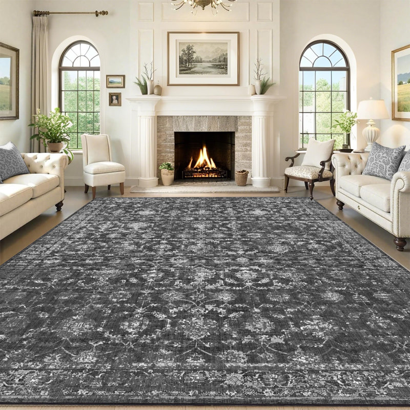 Vintage Boho Area Rug - Washable Non Slip Low Pile Rug, Rectangle 9' x 12', Black