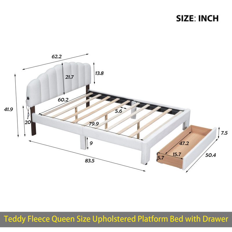 Grand lit plateforme tapissier Teddy, Blanc