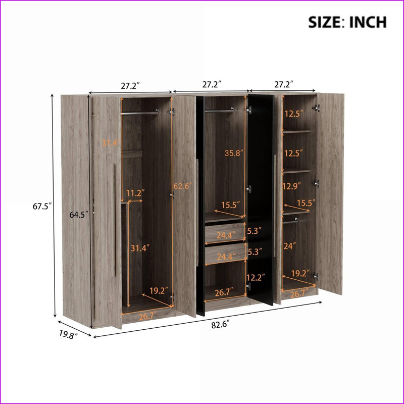 Commodes et amp; Garde-robes: garde-robe de rangement moderne à 6 portes avec tiroirs, blanc / noir + naturel | Noir + naturel | Panneau de particules et panneau de fibres à densité moyenne