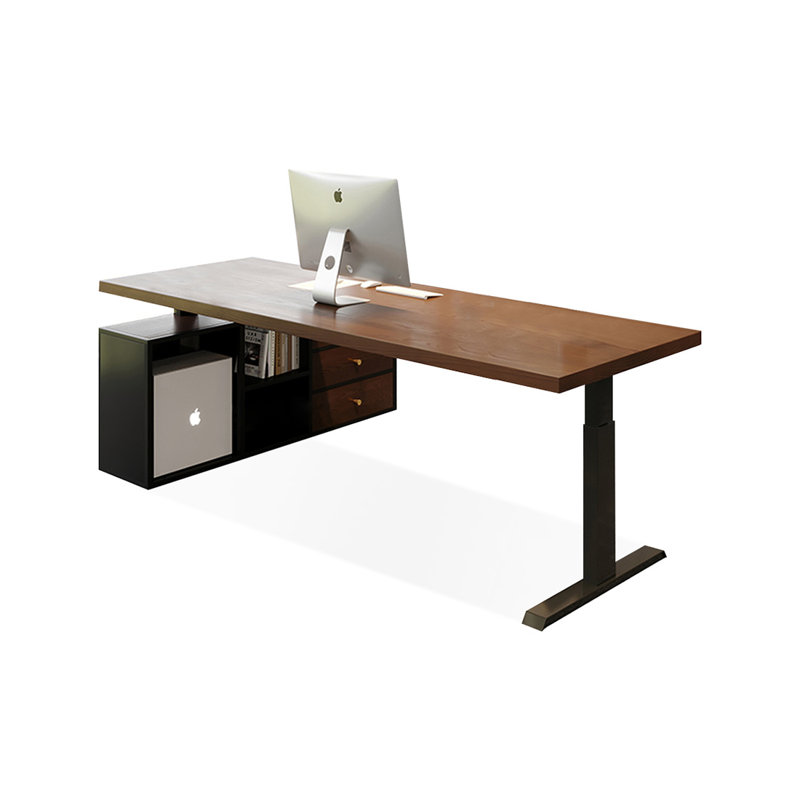 Brown + Black Rectangular Solid Wood desks, 47.24" H x 70.87" W x 31.5" D, Right Hand Return