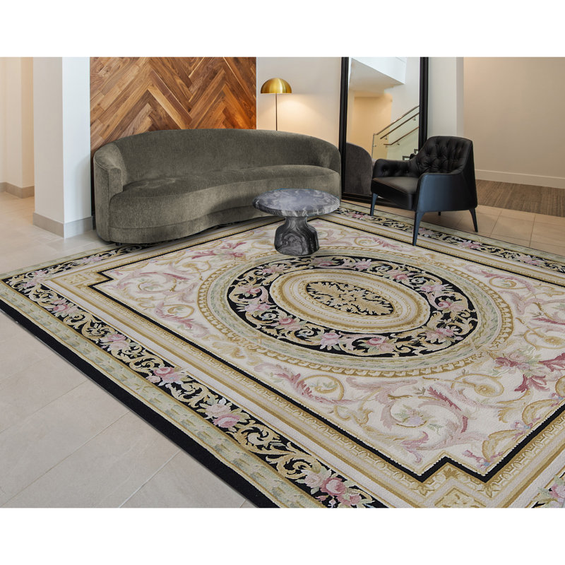 Tapis ivoire et noir noué à la main de haute qualité
