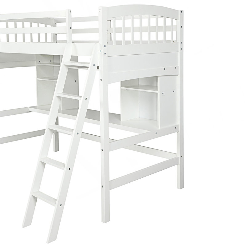 Lit mezzanine simple avec tablettes de rangement, bureau et échelle, Blanc