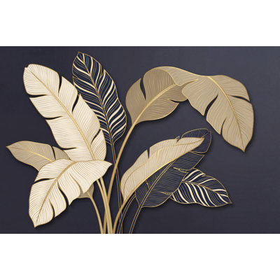 Botanical Mural Wallpaper Dark Navy Background Removable Tropical Leaves Wall Decor