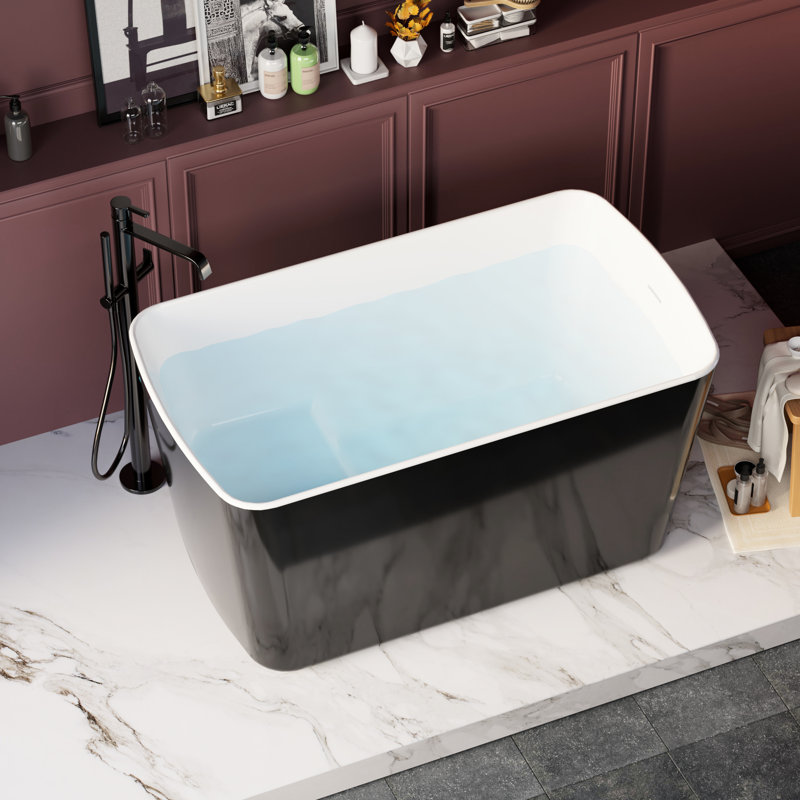 49'' X 28'' Japanese Style Bathtub, Acrylic Freestanding, Glossy Black, Sit-In With Overflow & Drain Disposition Freestanding Soaking Square Hot Tub, Design And