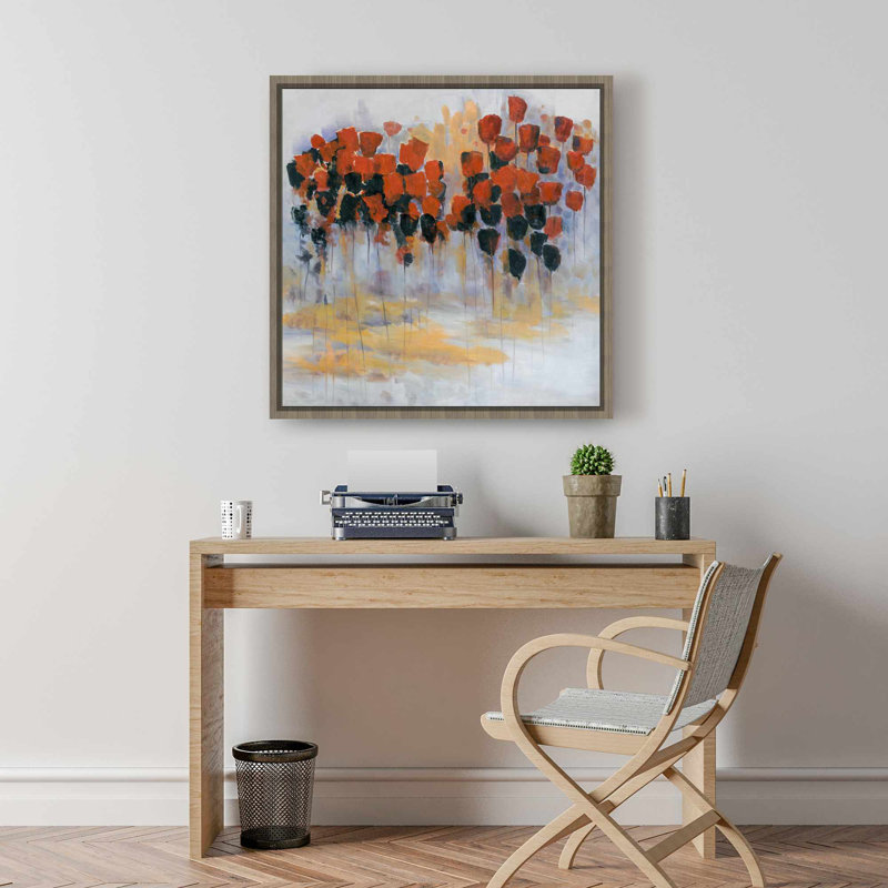 Fleurs jaunes, toile abstraite, art mural champ rouge