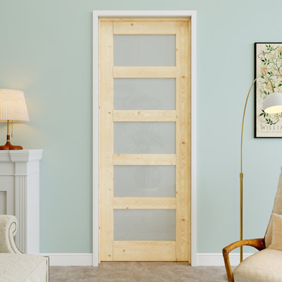 Porte pré-suspendue intérieure en bois de pin et verre givré 28 po x 80 po 5-Lite avec charnières argentées, dalle de porte d'intimité en verre, à peindre et imperméable, combinaison pour la lessive, portes de placard, portes de pièce, droite