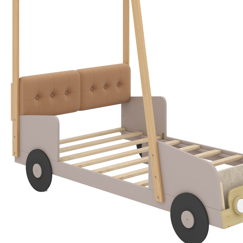 Wood Car Bed with Pillow, Ceiling Cloth, Twin