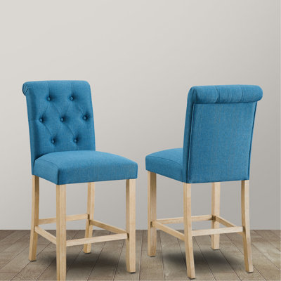 2 tabourets de comptoir bleus - bois massif, siège rembourré, dossier, salle à manger, l 18,5 po x P 25,5 po, H 42,5 po, structure en bois à boutons, cuisine / salle à manger,