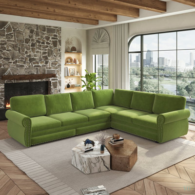 118" L-Shaped Sofa Couch with Pull-Out Bed, Oversize Convertible Sleeper Sofa with Nailhead Trim & Rolled Arm, Chenille Upholstered Sectional Couches