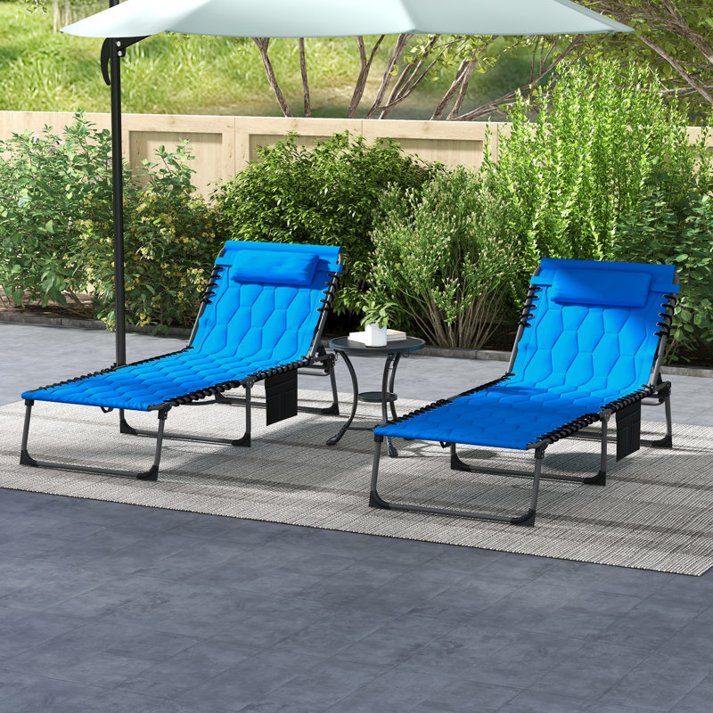 Folding Chaise Lounge Set With Reclining Back, 25.6" X 74" X 14.2", Blue, Blue