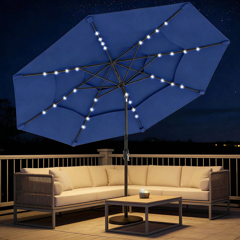 Parasol de patio extérieur 116,9 pouces à 3 niveaux avec 32 lumières solaires à DEL, protection UV UPF 30+, auvent inclinable, manivelle, tissu en polyester 180 g / m² pour les repas au bord de la piscine