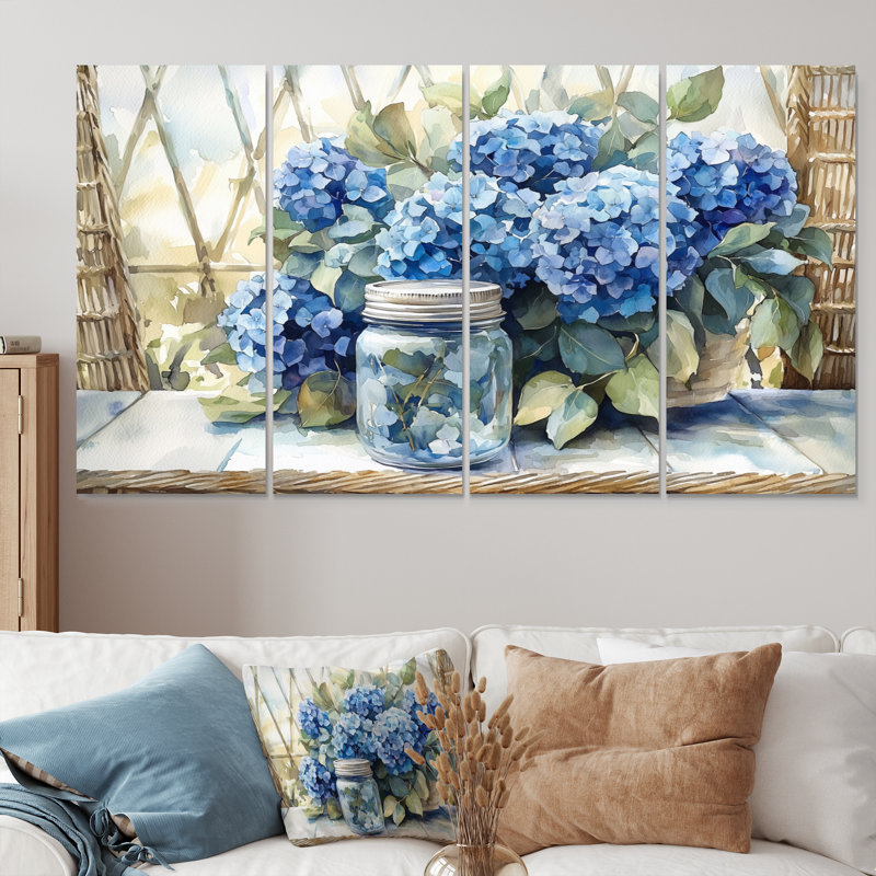 Hortensias et eucalyptus II - décoration murale hortensia - art mural traditionnel, H 32 po x l 64 po, 4