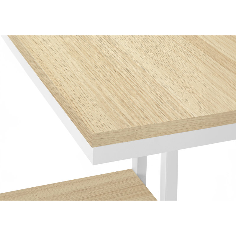 Table de bout en C avec plateau en bois et structure en métal, Blanc, Naturel