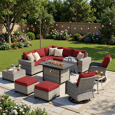 12-Piece Outdoor Modular Sectional Patio Conversation Set With Fire Pit Table, Swivel Rocker Chairs & Ottomans