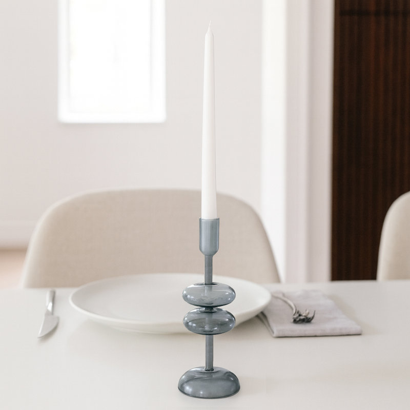 Modern Sculptural Glass Candle Holder for Tabletop Accent - Decorative Taper Candlestick Holder for Dining Room Decor - Blue