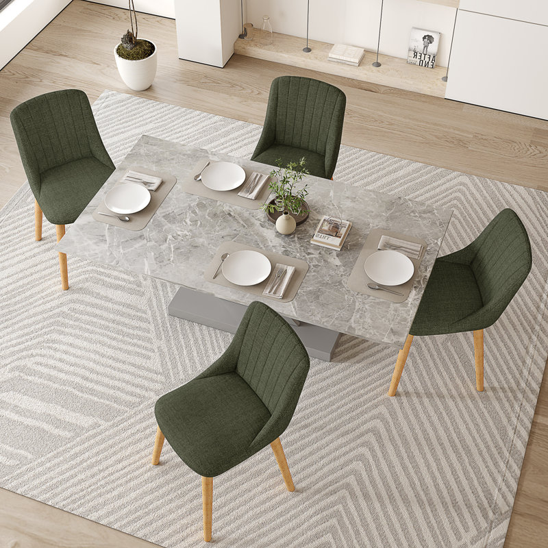 48.5cm H Upholstered Dining Chairs With Wooden Legs, Green Linen/Natural, 4