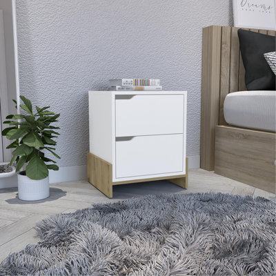 Table de chevet avec 2 tiroirs, table de bout avec base robuste, blanc / macadamia