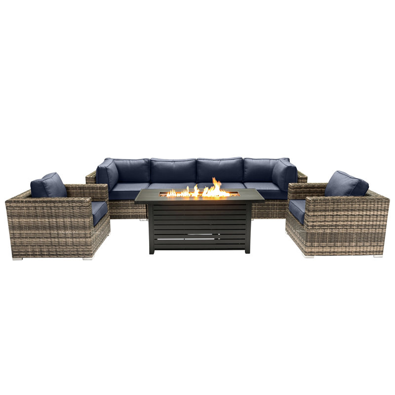 Ensemble de conversation modulaire 7 pièces avec foyer en métal et coussins Sunbrella Lsi, Bleu marine Sunbrella