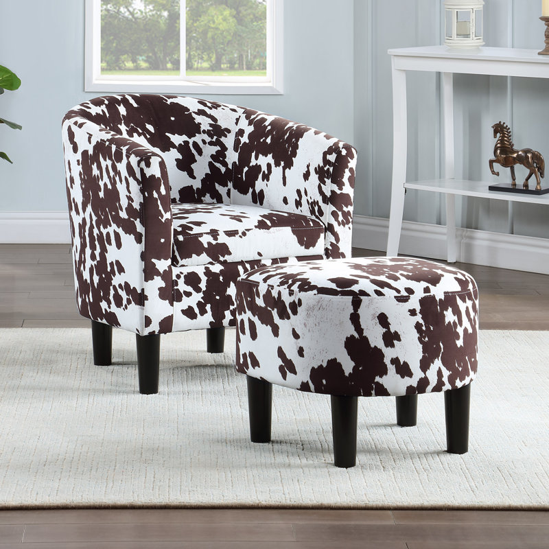 Anges Upholstered Barrel Chair with Ottoman, Brown Cow Print Polyester