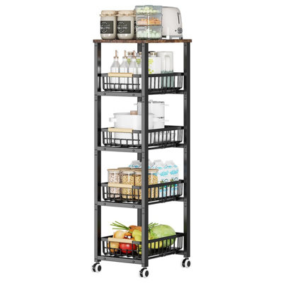 5 -Tier With Sliding Drawer, Metal Wire Baskets With Wheels, Kitchen Storage Stackable Vegetable Fruit Cart Bins