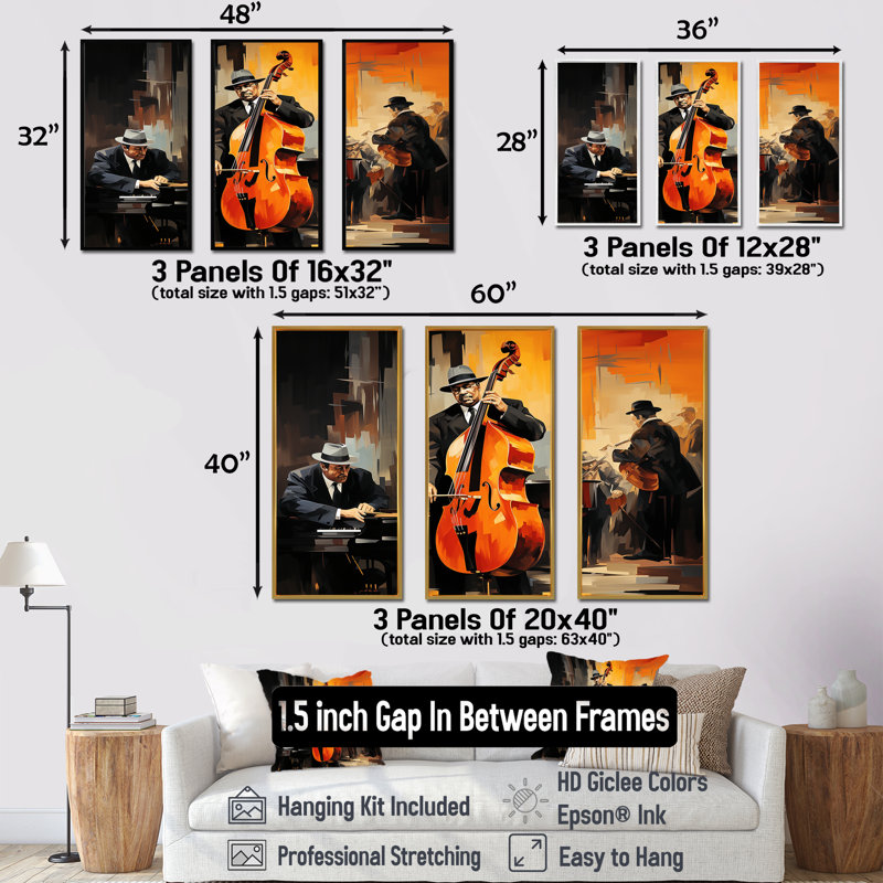 «Orange Essence Of Jazz III» - Art mural américain, Cadre flottant doré, H 40 po x l 60 po