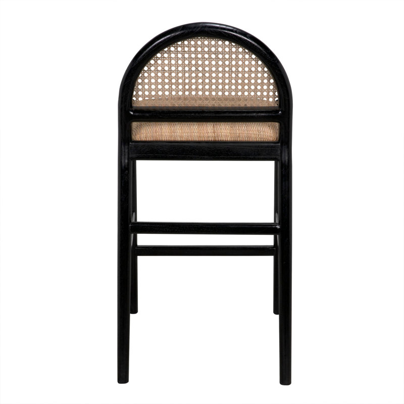 Black and Natural Wood Counter Stool with Rattan Backrest