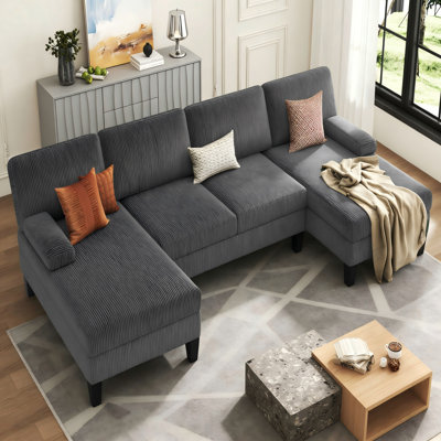 Canapé modulaire modulaire, canapé en U avec fauteuil inclinable, velours côtelé à quatre places en tissu rayé pour le salon ou la chambre à coucher, comprend un fauteuil inclinable double, gris foncé