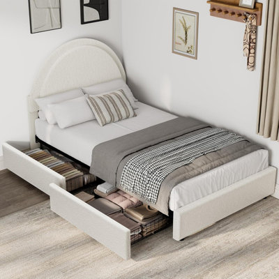 Lit plateforme tapissier Boucle avec tiroirs de rangement et tête de lit ronde, ultra-silencieux