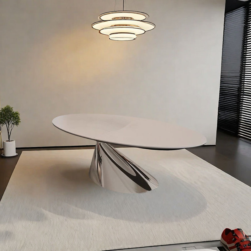 Sintered stone oval dining table, 29.53"H x 55.12"L x 31.5"W, Silver
