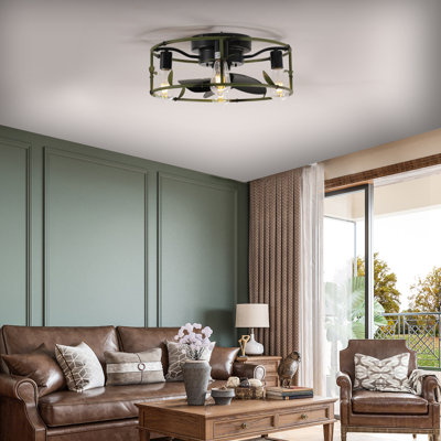 Ventilateur de plafond industriel vert 19 po avec éclairage - Cage encastrée avec télécommande, ventilateur de plafond rustique à 3 lumières, moteur à courant continu réversible silencieux à 6 vitesses pour chambre à coucher, salon (ampoule non incluse)