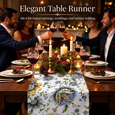 Jaco Blue Floral Print Table Runner for Dining Room Decor and Table Top Protection
