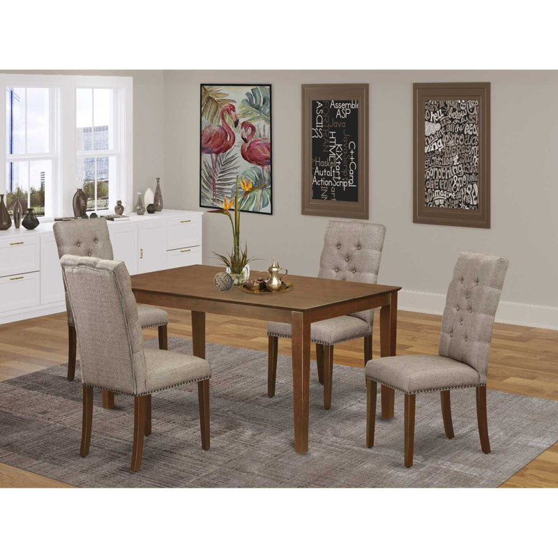5 Piece Dining Table Set for 4 Includes a Rectangle Kitchen Table and 4 Dark Khaki Linen Fabric Parsons Dining Chairs, Linen White